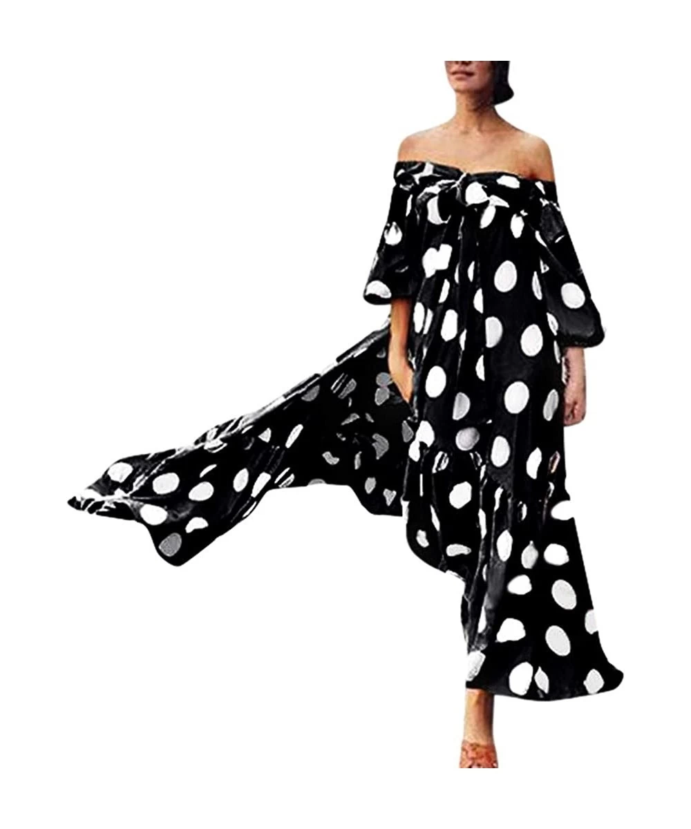 One-Pieces Women Off Shoulder Polka Dot Printed Maxi Dress Plus Size Summer Ruffle Bow Long Dress - Black - CG18TA3WKUC