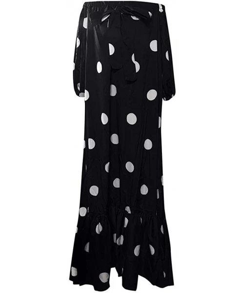 One-Pieces Women Off Shoulder Polka Dot Printed Maxi Dress Plus Size Summer Ruffle Bow Long Dress - Black - CG18TA3WKUC