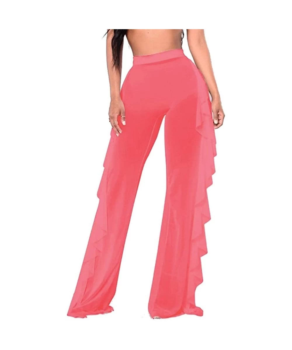 Cover-Ups Women's See Through Sheer Mesh Ruffle Swimsuit Beach Bottom Cover up Pants High Waist Wide Leg Trousers - Pink - C9...