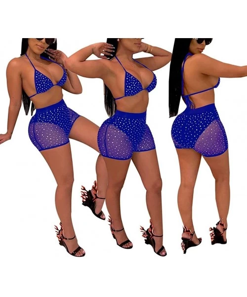 Sets Women Two Piece Outfits Sexy Halter Mesh Sequin Bra Bikini Shorts Set Swimsuit Beachwear - Blue - C918QZWYG6R