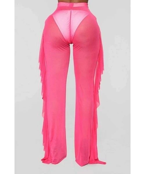 Cover-Ups Women's See Through Sheer Mesh Ruffle Swimsuit Beach Bottom Cover up Pants High Waist Wide Leg Trousers - Pink - C9...