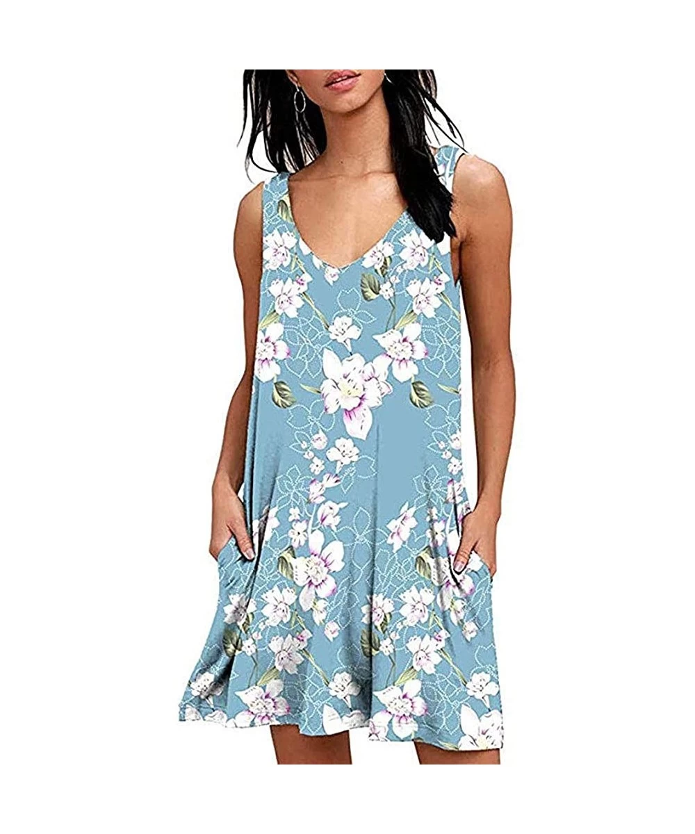 Cover-Ups Womens Beach Dresses Summer Tshirt Sundresses Floral Sleeveless Casual Tank Dress with Pockets Light Blue Floral - ...