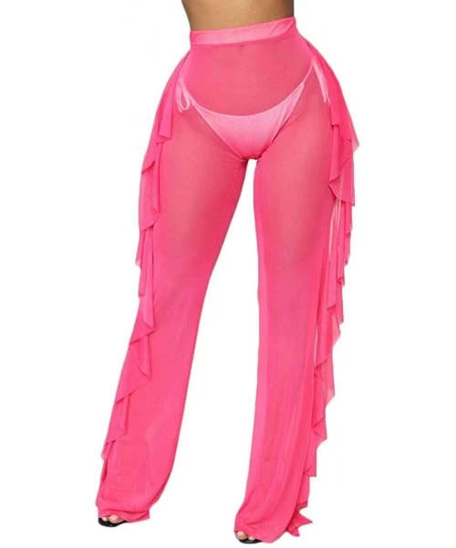 Cover-Ups Women's See Through Sheer Mesh Ruffle Swimsuit Beach Bottom Cover up Pants High Waist Wide Leg Trousers - Pink - C9...