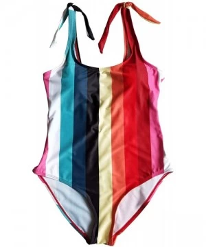 One-Pieces Women's One Piece Black and White Stripes Swimsuit with Adjustable Straps - Red - CD18O2AIC6Q