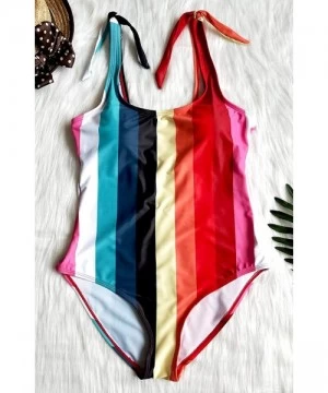 One-Pieces Women's One Piece Black and White Stripes Swimsuit with Adjustable Straps - Red - CD18O2AIC6Q