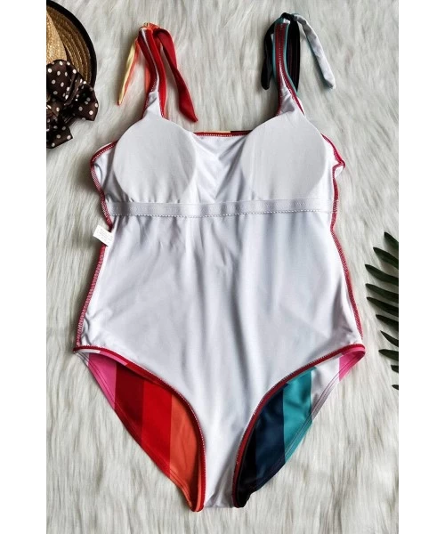 One-Pieces Women's One Piece Black and White Stripes Swimsuit with Adjustable Straps - Red - CD18O2AIC6Q