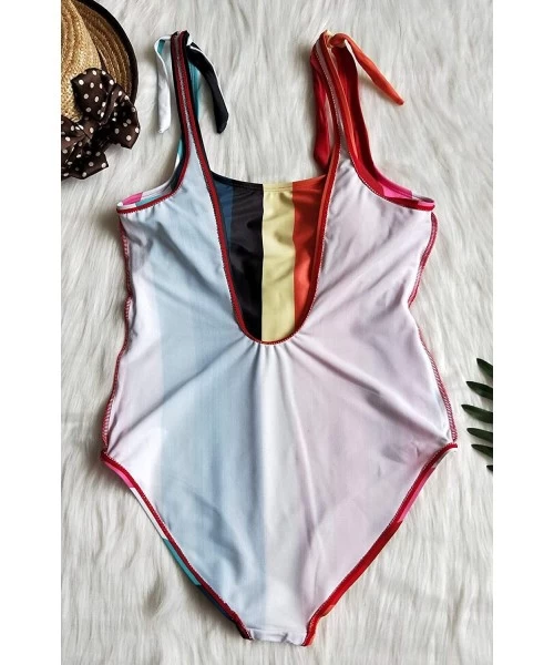 One-Pieces Women's One Piece Black and White Stripes Swimsuit with Adjustable Straps - Red - CD18O2AIC6Q