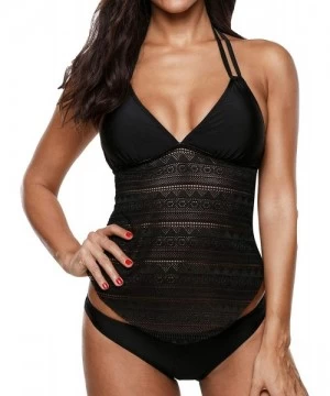 One-Pieces Women Sexy 2 Piece Plunge Halter Mesh Tankini Swimsuit with Bikini Bott. - Black - C018QCS8O5U