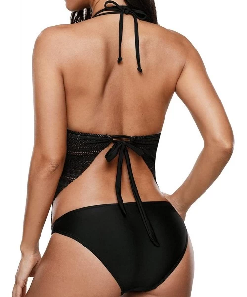 One-Pieces Women Sexy 2 Piece Plunge Halter Mesh Tankini Swimsuit with Bikini Bott. - Black - C018QCS8O5U