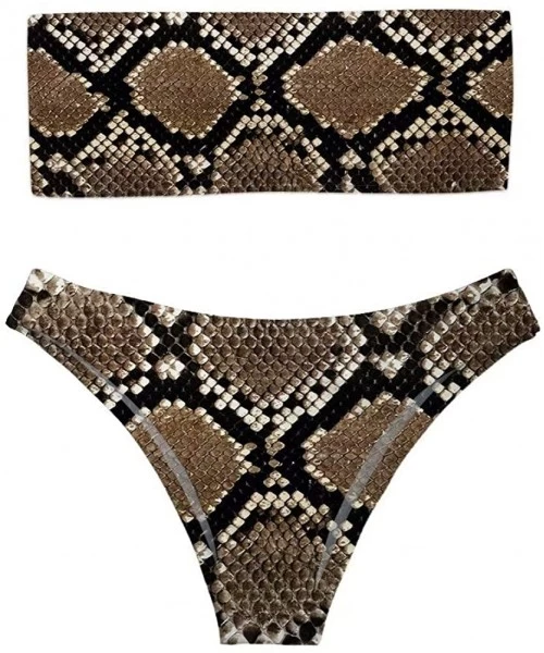 Sets Women's Sexy Summer Bandeau Bikini Set Removable Strap Wrap Padding 2 Piece Swimsuit Swimwear - Snake Skin 1 - CI18RI6EWLI