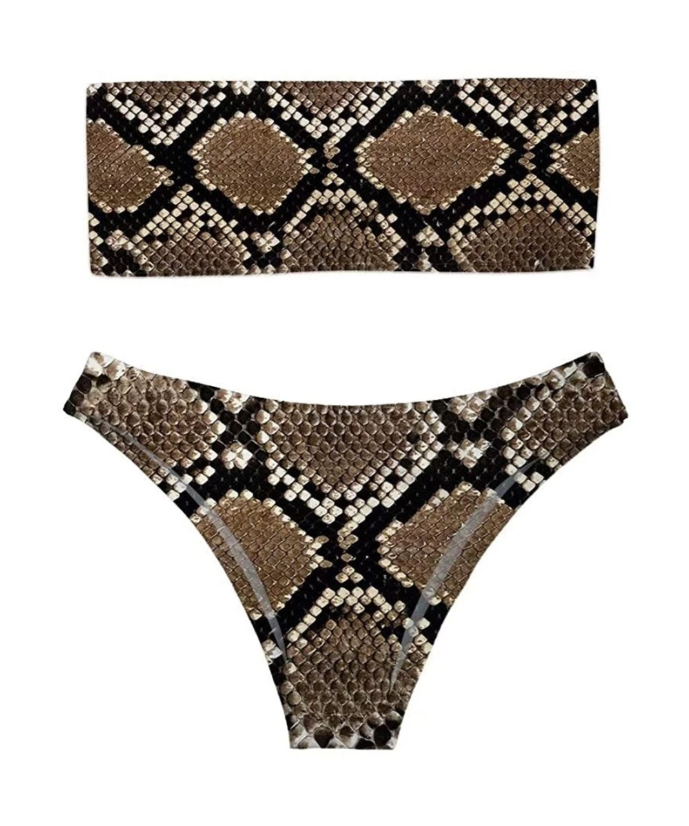 Sets Women's Sexy Summer Bandeau Bikini Set Removable Strap Wrap Padding 2 Piece Swimsuit Swimwear - Snake Skin 1 - CI18RI6EWLI