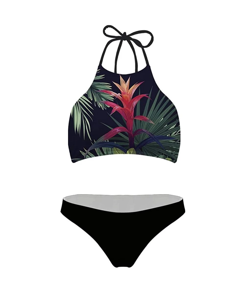 Sets Women Sporty High Neck Tie Bikinis Swimwear Fashion Pattern Padded 2-pc Swimsuit - Leaves and Flower - CL18R7QMUAI