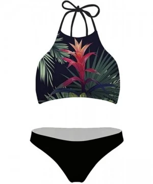 Sets Women Sporty High Neck Tie Bikinis Swimwear Fashion Pattern Padded 2-pc Swimsuit - Leaves and Flower - CL18R7QMUAI