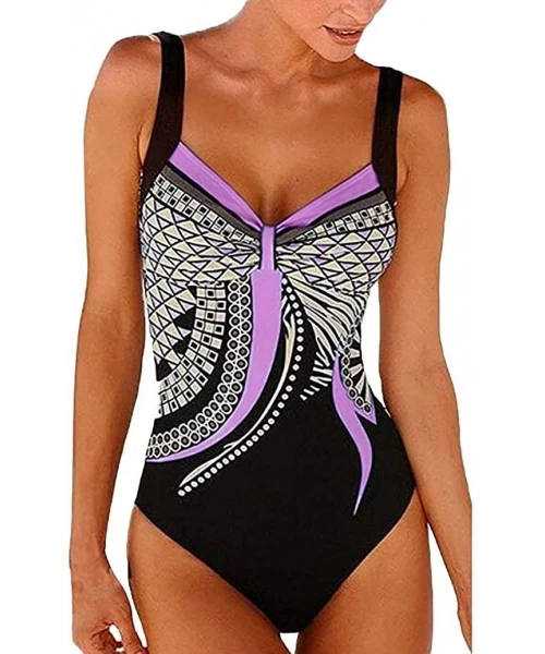 Cover-Ups Womens Monokini Deep V One Piece Backless Pattern Swimwear High Cut Tummy Control Swimsuit by Nevera - Purple - C41...