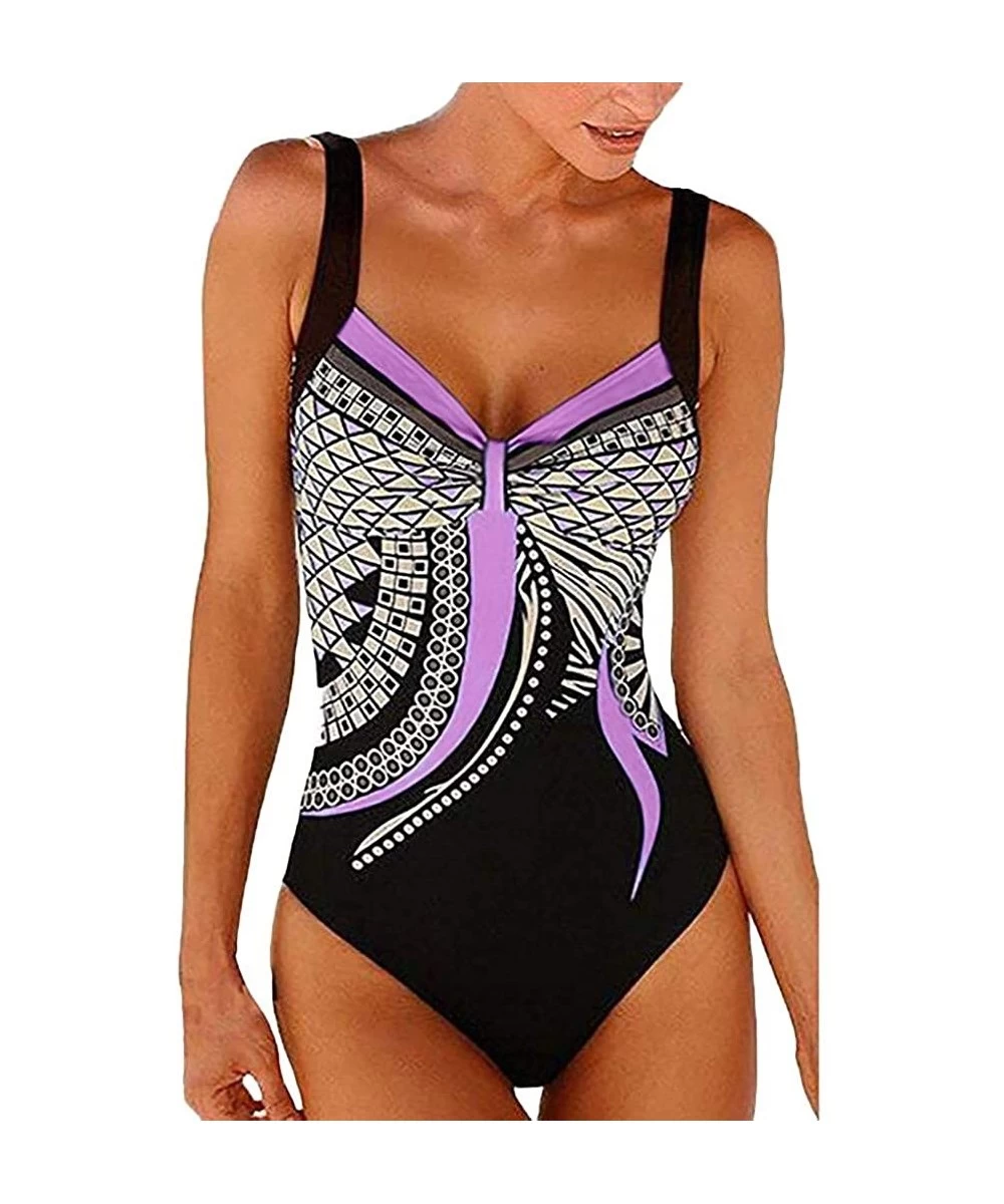 Cover-Ups Womens Monokini Deep V One Piece Backless Pattern Swimwear High Cut Tummy Control Swimsuit by Nevera - Purple - C41...