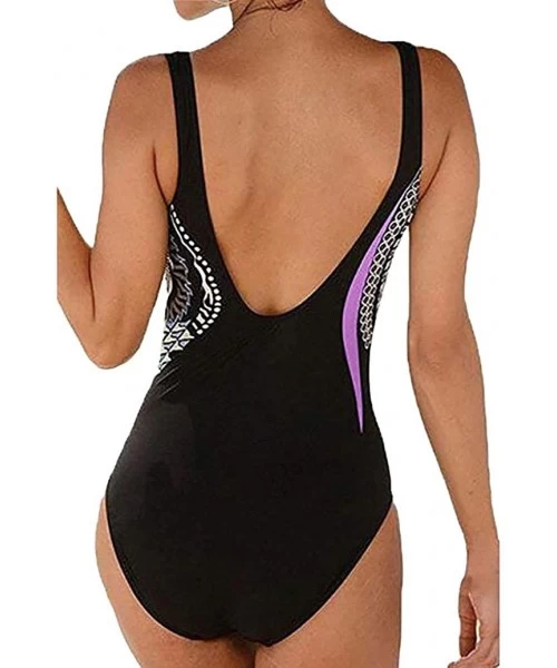 Cover-Ups Womens Monokini Deep V One Piece Backless Pattern Swimwear High Cut Tummy Control Swimsuit by Nevera - Purple - C41...