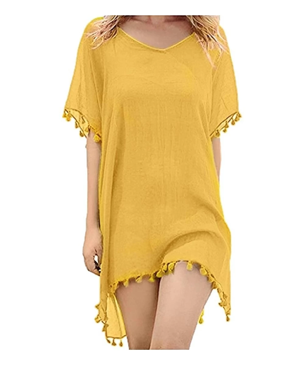 Cover-Ups Women Tassel Chiffon Top Kaftan Swimsuits Mini Beach Dress Cover Ups - 1 - CP1907XX93Q