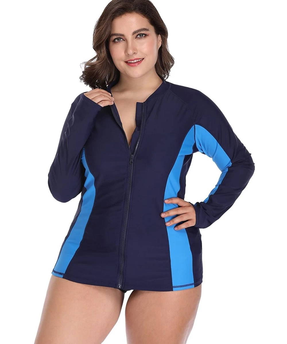 Rash Guards Women's Plus Size Long Sleeve Rash Guard Top Zip Front UPF 50 Swim Shirt - Navy - CP18GHGS55C