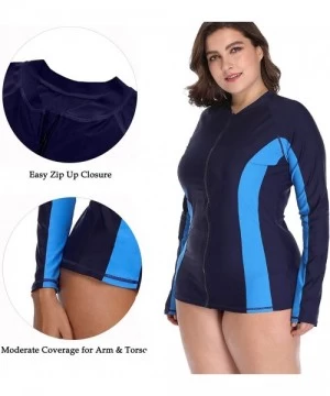 Rash Guards Women's Plus Size Long Sleeve Rash Guard Top Zip Front UPF 50 Swim Shirt - Navy - CP18GHGS55C