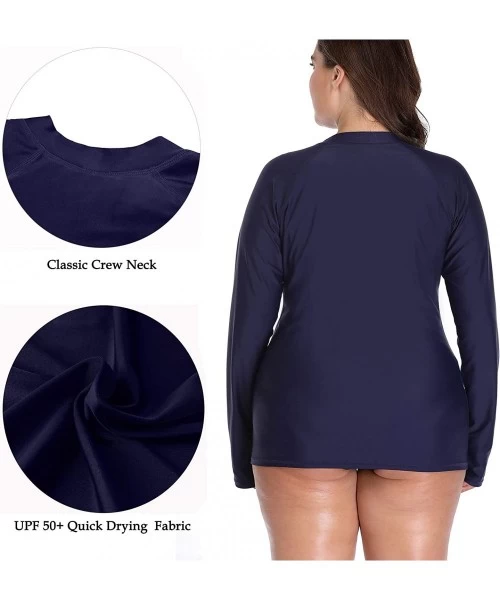 Rash Guards Women's Plus Size Long Sleeve Rash Guard Top Zip Front UPF 50 Swim Shirt - Navy - CP18GHGS55C