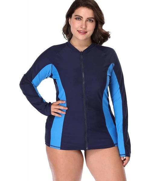 Rash Guards Women's Plus Size Long Sleeve Rash Guard Top Zip Front UPF 50 Swim Shirt - Navy - CP18GHGS55C