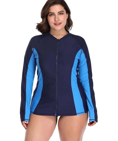 Rash Guards Women's Plus Size Long Sleeve Rash Guard Top Zip Front UPF 50 Swim Shirt - Navy - CP18GHGS55C