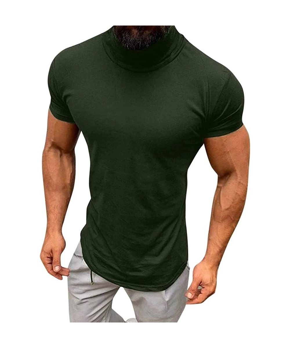 Racing Men's Turtleneck Short Sleeve T Shirt- Summer Casual Slim Performance Solid Color Shirts Blouse Tops - Army Green - C4...