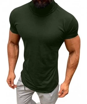 Racing Men's Turtleneck Short Sleeve T Shirt- Summer Casual Slim Performance Solid Color Shirts Blouse Tops - Army Green - C4...