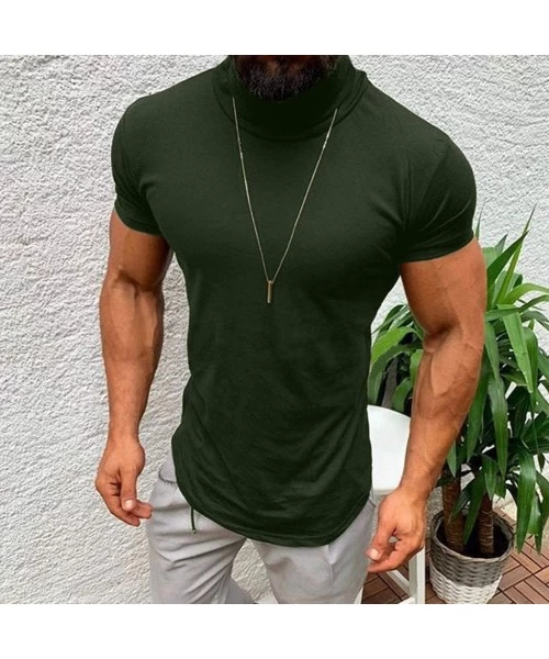 Racing Men's Turtleneck Short Sleeve T Shirt- Summer Casual Slim Performance Solid Color Shirts Blouse Tops - Army Green - C4...