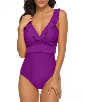 One-Pieces Women's One Piece Swimsuit Sexy V Neck Ruffle Tummy Control Monokini Bathing Suits - Purple - CE194UA0G2W