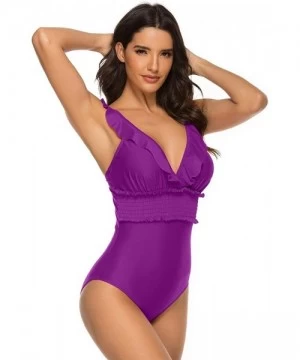 One-Pieces Women's One Piece Swimsuit Sexy V Neck Ruffle Tummy Control Monokini Bathing Suits - Purple - CE194UA0G2W