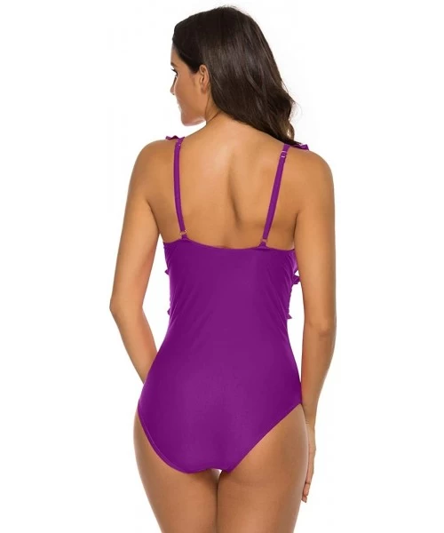 One-Pieces Women's One Piece Swimsuit Sexy V Neck Ruffle Tummy Control Monokini Bathing Suits - Purple - CE194UA0G2W