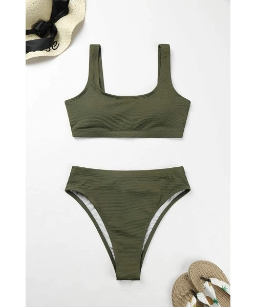 One-Pieces Women's Crop Top High Waisted Cheeky Bikini Set Two Piece Swimsuits - 05 - Army Green - C31952G556O