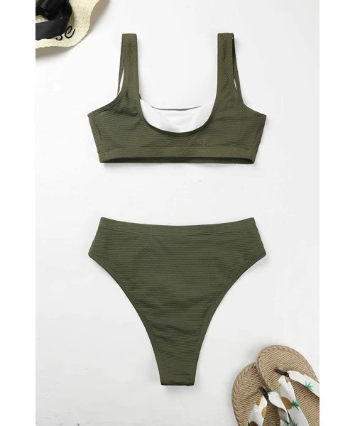 One-Pieces Women's Crop Top High Waisted Cheeky Bikini Set Two Piece Swimsuits - 05 - Army Green - C31952G556O