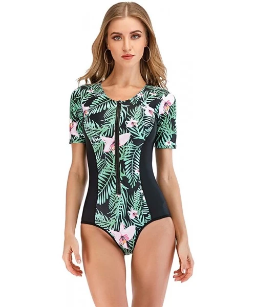 Rash Guards Women's Zip Front Printed Rashguard Swimsuit Sun Protection One Piece Swimwear - 6 Green - CP190EOQ0N8