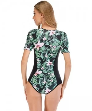 Rash Guards Women's Zip Front Printed Rashguard Swimsuit Sun Protection One Piece Swimwear - 6 Green - CP190EOQ0N8