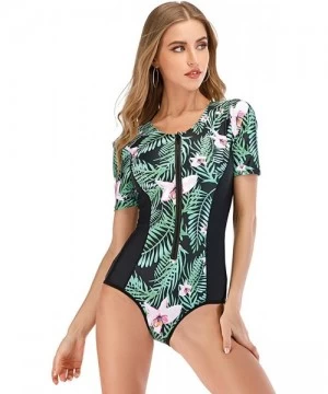 Rash Guards Women's Zip Front Printed Rashguard Swimsuit Sun Protection One Piece Swimwear - 6 Green - CP190EOQ0N8