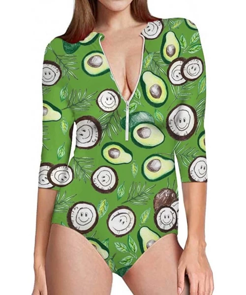 Rash Guards Women's Fruit Animal Rash Guards 3D Printed Zip Front One Piece Swimsuit Swimwear Bathing Suit - Avocado - C8196Y...