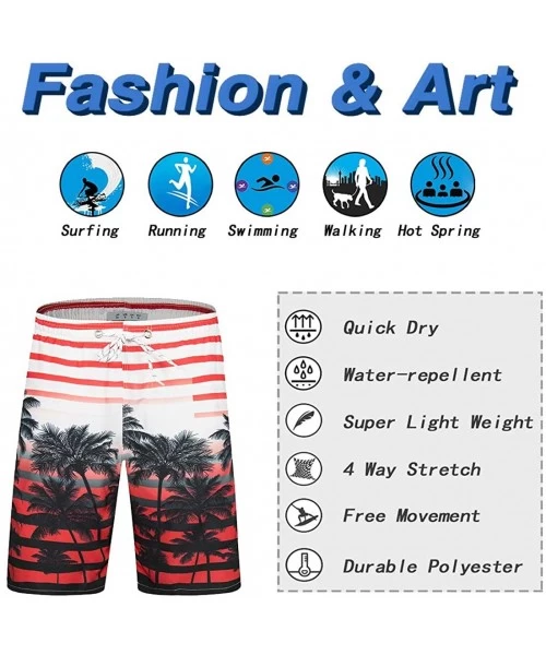 Board Shorts Men's Quick Dry Swim Trunks Long Palm Beach Board Shorts Bathing Suit - A-palm-red - CQ18GR08T58