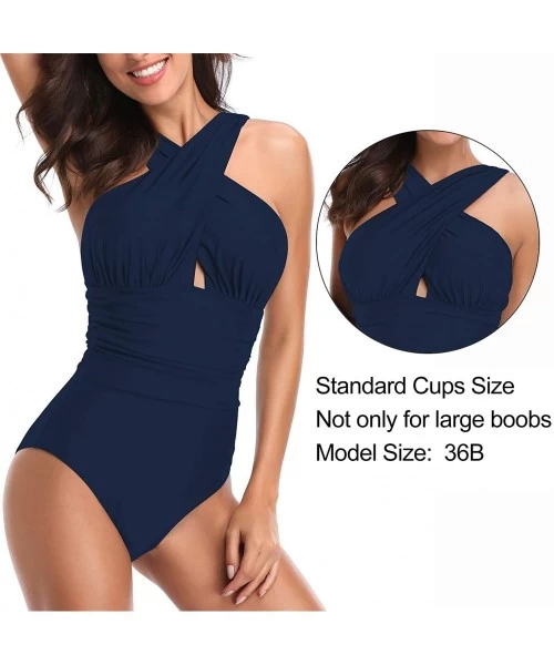 One-Pieces Women's Swimsuits One Piece Tummy Control Front Cross Backless Swimsuit Bathing Suit - Deep Blue - CN195SM39WN