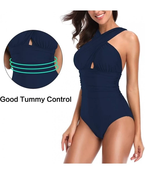 One-Pieces Women's Swimsuits One Piece Tummy Control Front Cross Backless Swimsuit Bathing Suit - Deep Blue - CN195SM39WN