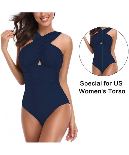 One-Pieces Women's Swimsuits One Piece Tummy Control Front Cross Backless Swimsuit Bathing Suit - Deep Blue - CN195SM39WN