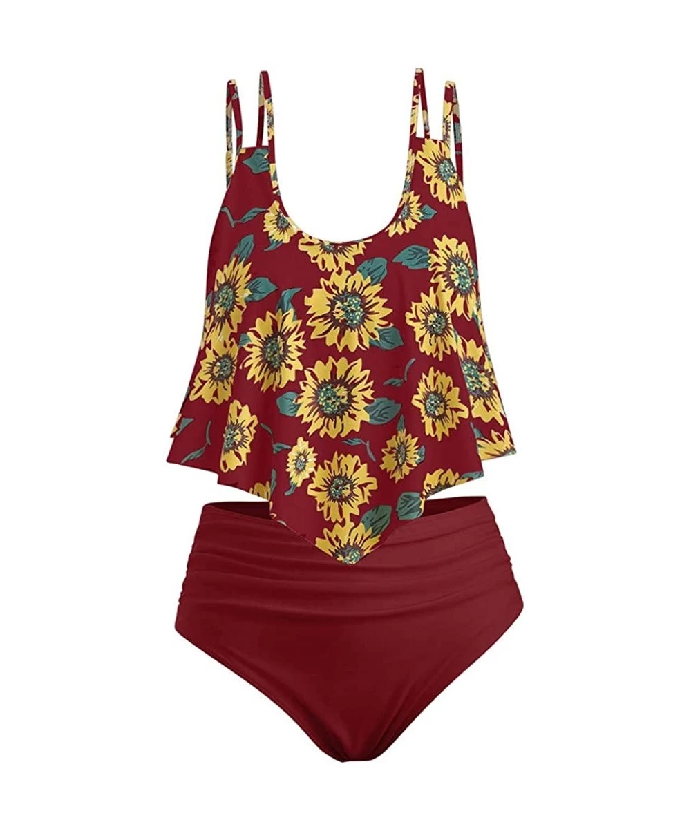 Sets Two Piece Swimsuits for Women Plus Size High Waisted Swimsuit Sunflower Print Ruffled Top Swimwear Bikini Set - CT199MU2E6M