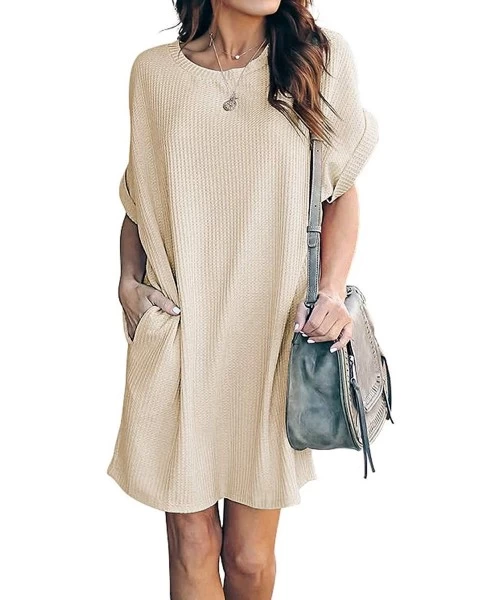 Cover-Ups Women's Waffle Knit Loose Tunic Dress Casual Short Sleeve Summer Dress Beach Cover Up with Pockets - Apricot - CE19...