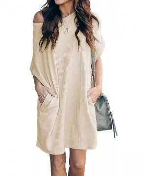 Cover-Ups Women's Waffle Knit Loose Tunic Dress Casual Short Sleeve Summer Dress Beach Cover Up with Pockets - Apricot - CE19...