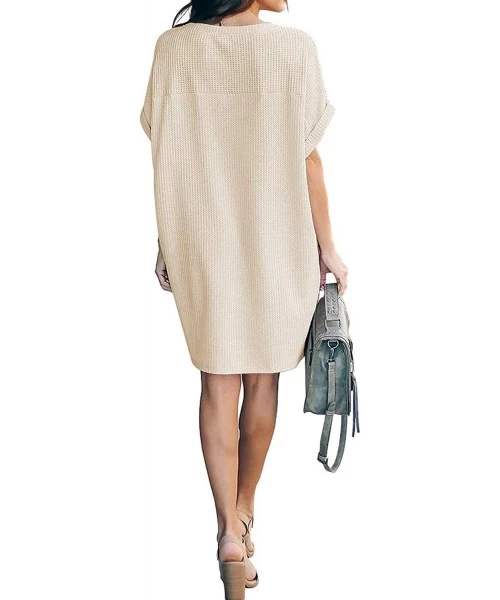 Cover-Ups Women's Waffle Knit Loose Tunic Dress Casual Short Sleeve Summer Dress Beach Cover Up with Pockets - Apricot - CE19...