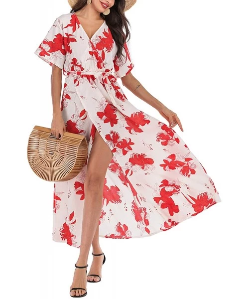 Cover-Ups Maxi Wrap Dress for Women Floral Short Sleeve Maxi Dress Boho Dress with Slit Sexy V Neck Long Dress - Floral_u - C...