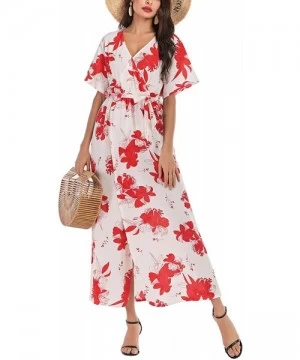 Cover-Ups Maxi Wrap Dress for Women Floral Short Sleeve Maxi Dress Boho Dress with Slit Sexy V Neck Long Dress - Floral_u - C...