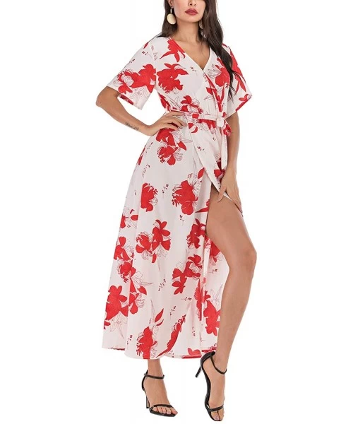 Cover-Ups Maxi Wrap Dress for Women Floral Short Sleeve Maxi Dress Boho Dress with Slit Sexy V Neck Long Dress - Floral_u - C...