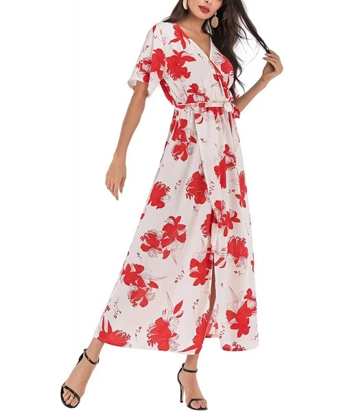 Cover-Ups Maxi Wrap Dress for Women Floral Short Sleeve Maxi Dress Boho Dress with Slit Sexy V Neck Long Dress - Floral_u - C...